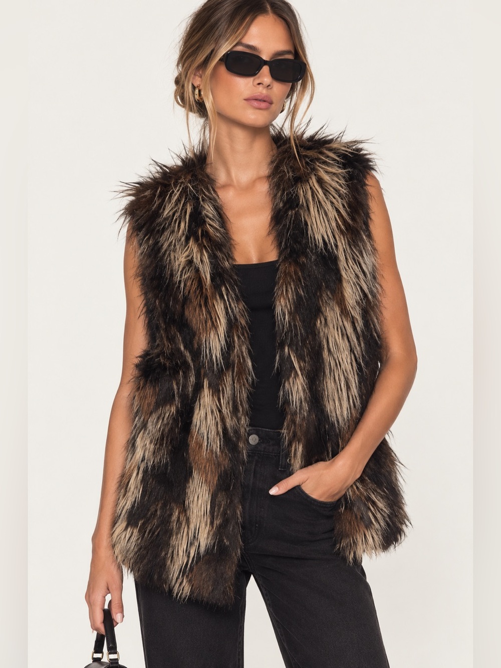 Free People Faux Fur Vest Multicolor Black Brown Tan Size XS